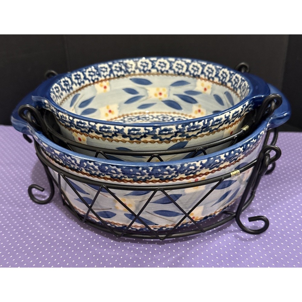 Temptations Old World Blue Round Baking‎ Casserole 1 And 2 Quart Set 2 Wire Rack